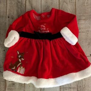 Red Christmas Kids Dress with Reindeer Design